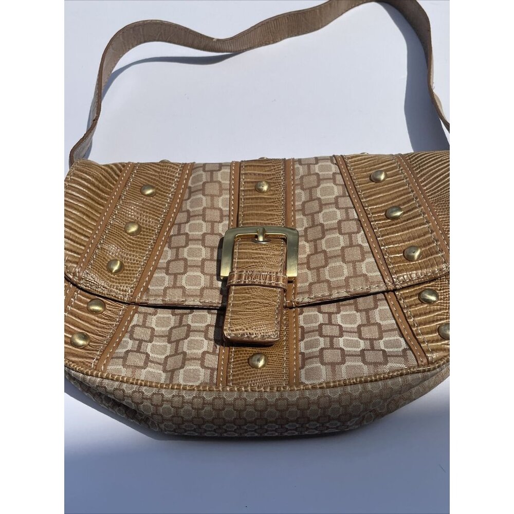 Vintage 90s Nine West‎ Shoulder Bag Tan Faux Leather Studded Buckle